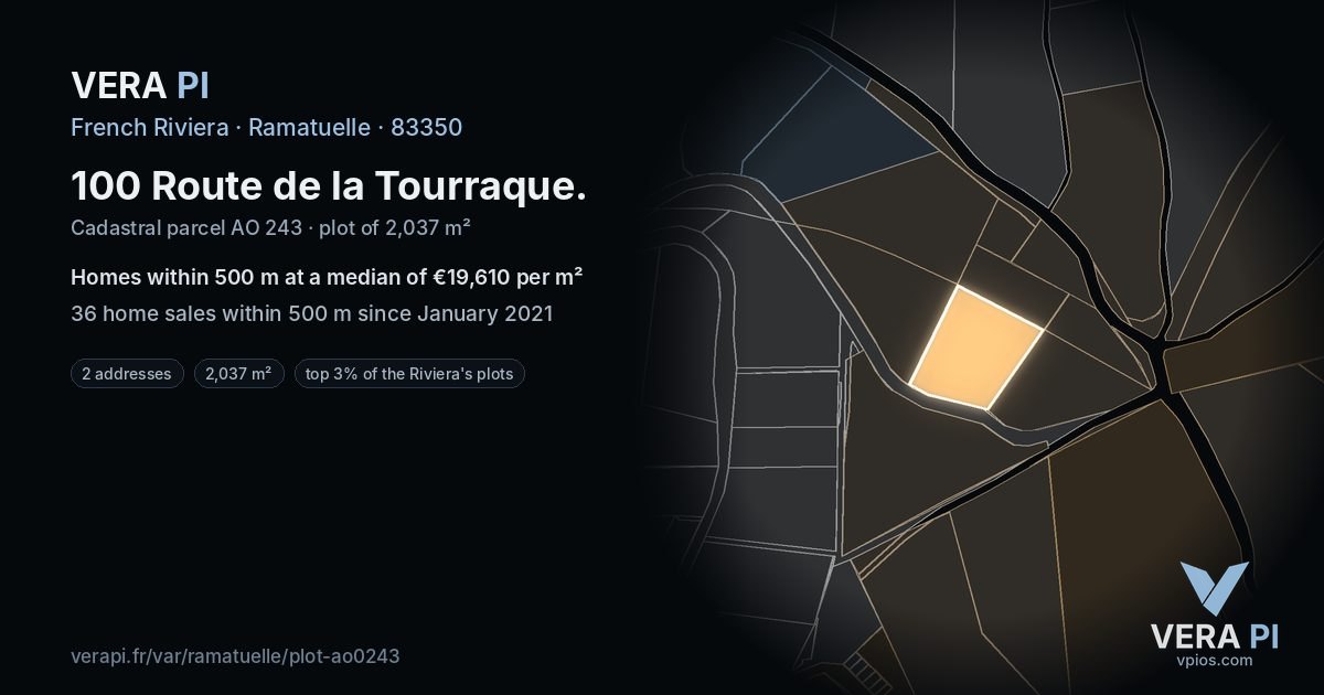 100 Route de la Tourraque, Ramatuelle at night – the plot lit, the parcels around coloured by the prices near them