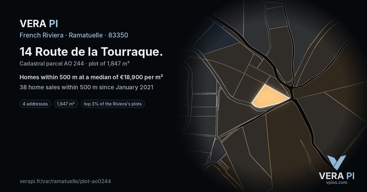 14 Route de la Tourraque, Ramatuelle at night – the plot lit, the parcels around coloured by the prices near them