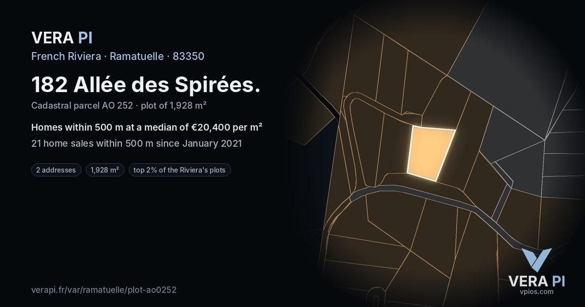 182 Allée des Spirées, Ramatuelle at night – the plot lit, the parcels around coloured by the prices near them