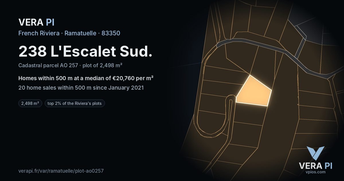 238 L'Escalet Sud, Ramatuelle at night – the plot lit, the parcels around coloured by the prices near them