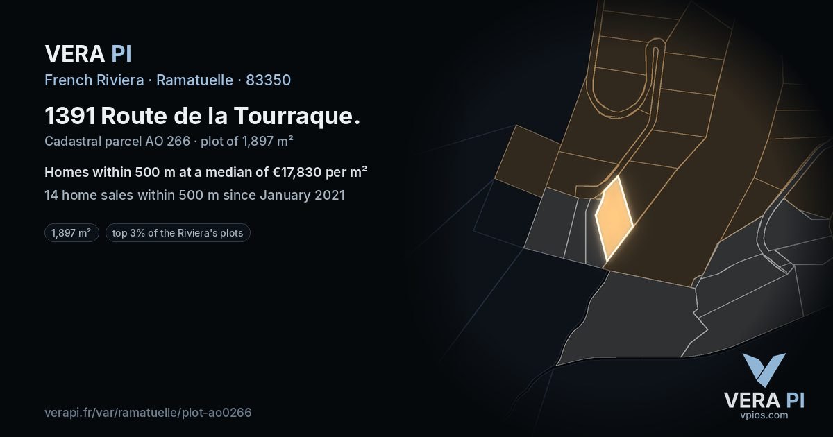1391 Route de la Tourraque, Ramatuelle at night – the plot lit, the parcels around coloured by the prices near them