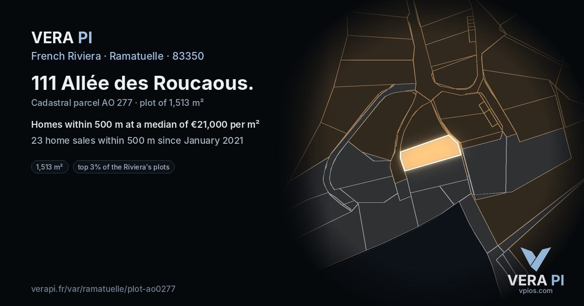 111 Allée des Roucaous, Ramatuelle at night – the plot lit, the parcels around coloured by the prices near them