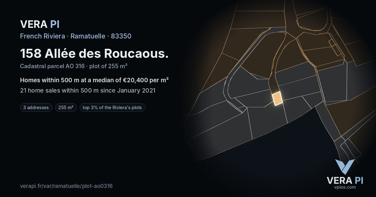 158 Allée des Roucaous, Ramatuelle at night – the plot lit, the parcels around coloured by the prices near them