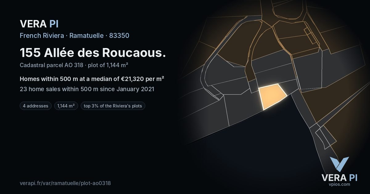155 Allée des Roucaous, Ramatuelle at night – the plot lit, the parcels around coloured by the prices near them