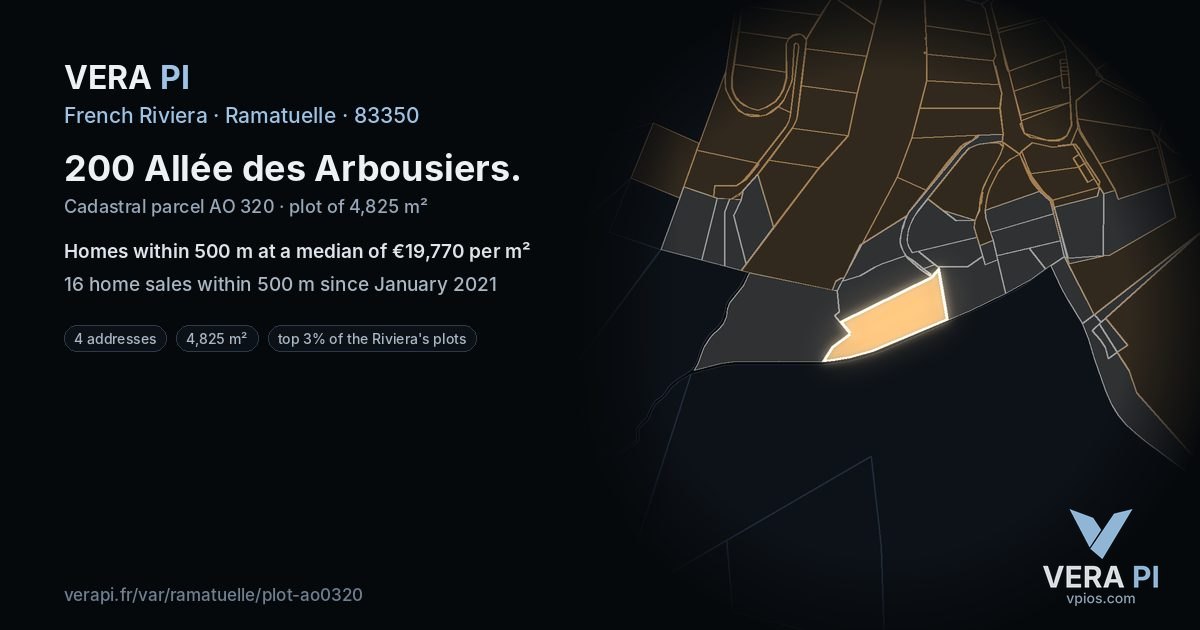 200 Allée des Arbousiers, Ramatuelle at night – the plot lit, the parcels around coloured by the prices near them