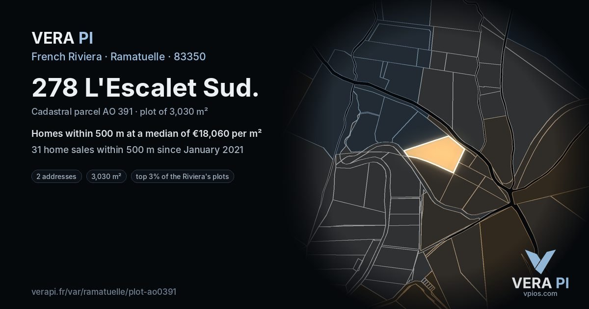 278 L'Escalet Sud, Ramatuelle at night – the plot lit, the parcels around coloured by the prices near them