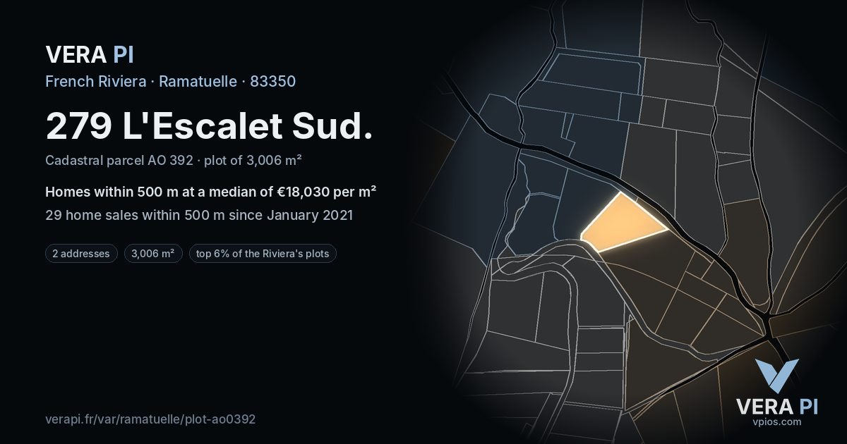 279 L'Escalet Sud, Ramatuelle at night – the plot lit, the parcels around coloured by the prices near them