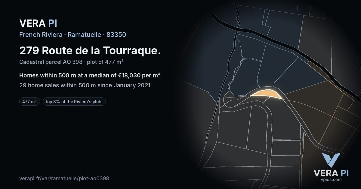 279 Route de la Tourraque, Ramatuelle at night – the plot lit, the parcels around coloured by the prices near them