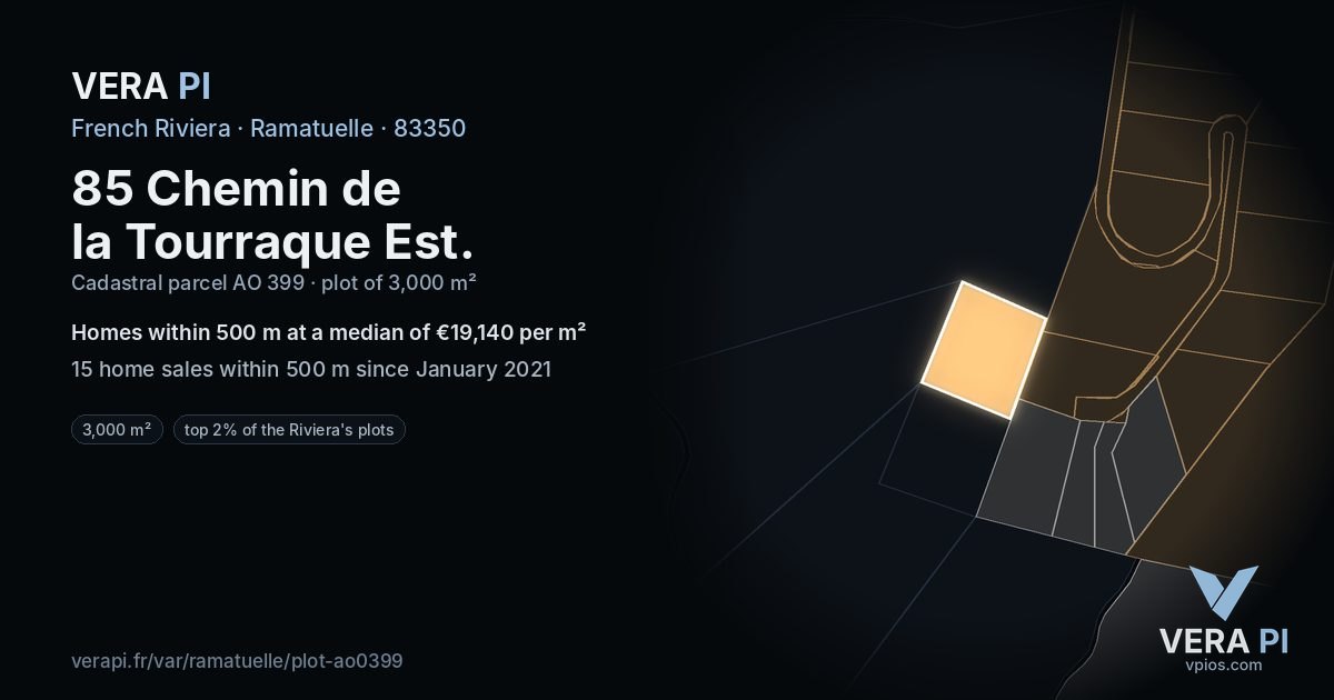85 Chemin de la Tourraque Est, Ramatuelle at night – the plot lit, the parcels around coloured by the prices near them