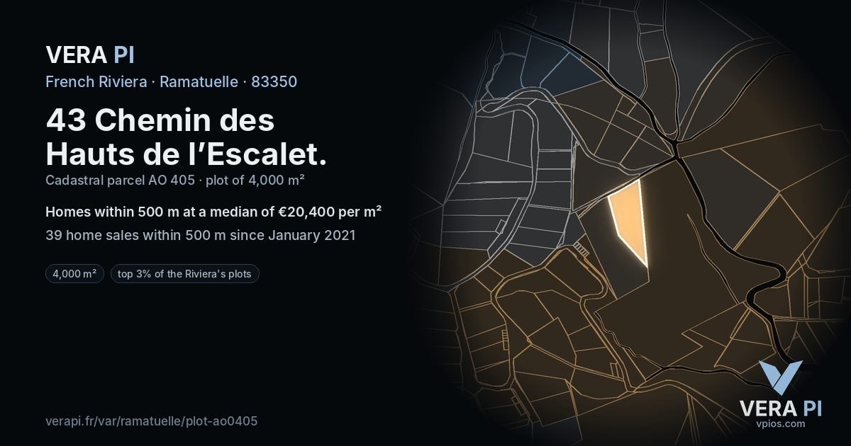 43 Chemin des Hauts de l’Escalet, Ramatuelle at night – the plot lit, the parcels around coloured by the prices near them