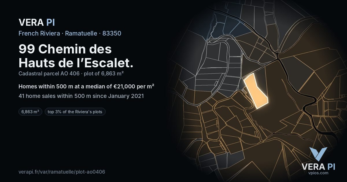 99 Chemin des Hauts de l’Escalet, Ramatuelle at night – the plot lit, the parcels around coloured by the prices near them