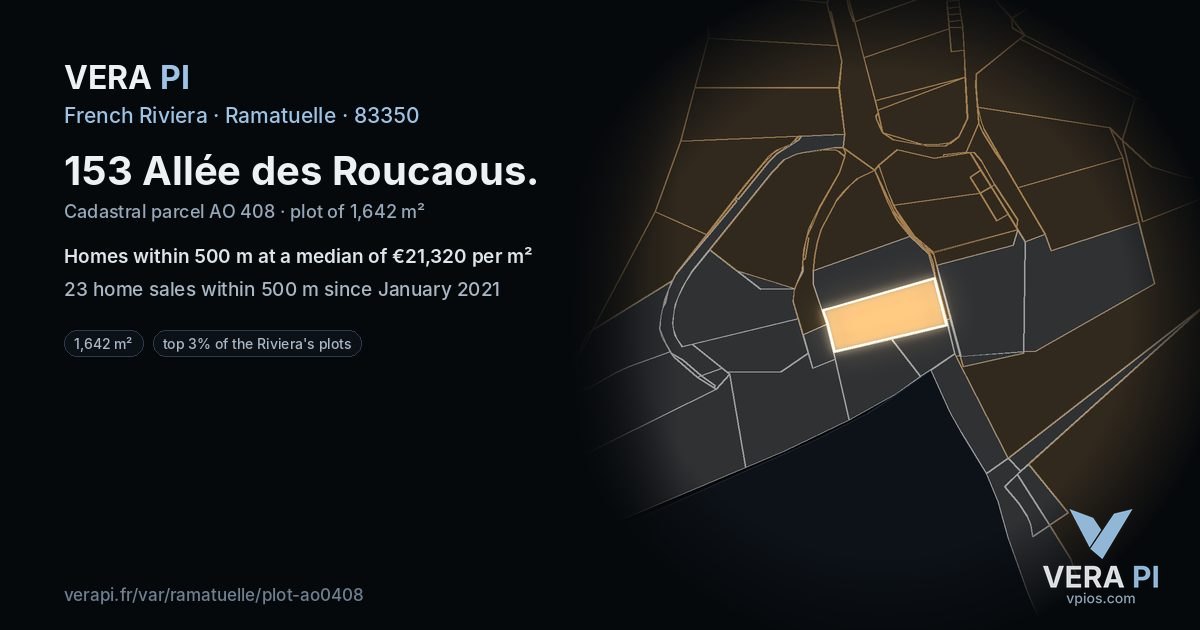 153 Allée des Roucaous, Ramatuelle at night – the plot lit, the parcels around coloured by the prices near them