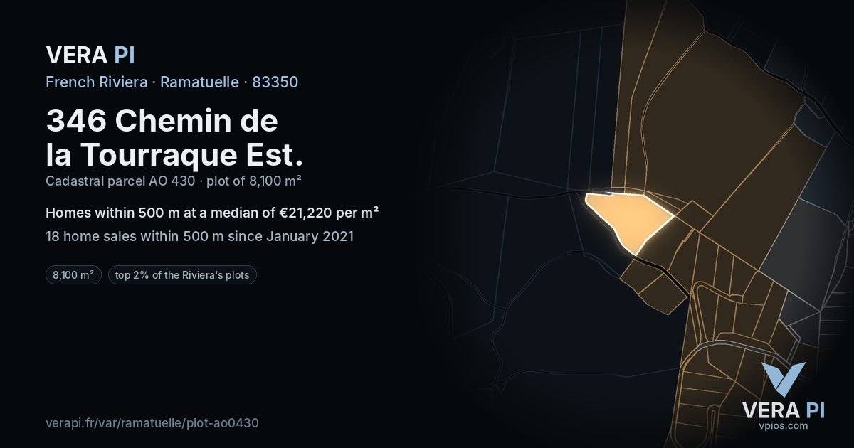 346 Chemin de la Tourraque Est, Ramatuelle at night – the plot lit, the parcels around coloured by the prices near them