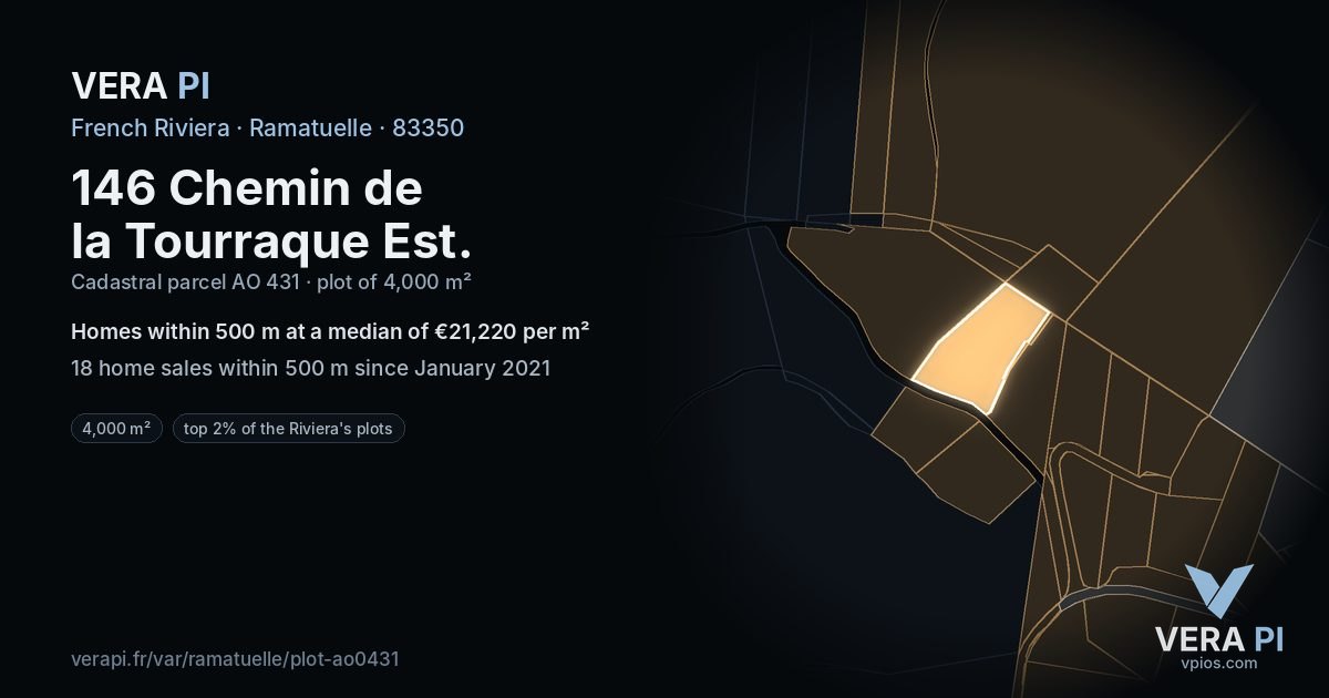 146 Chemin de la Tourraque Est, Ramatuelle at night – the plot lit, the parcels around coloured by the prices near them
