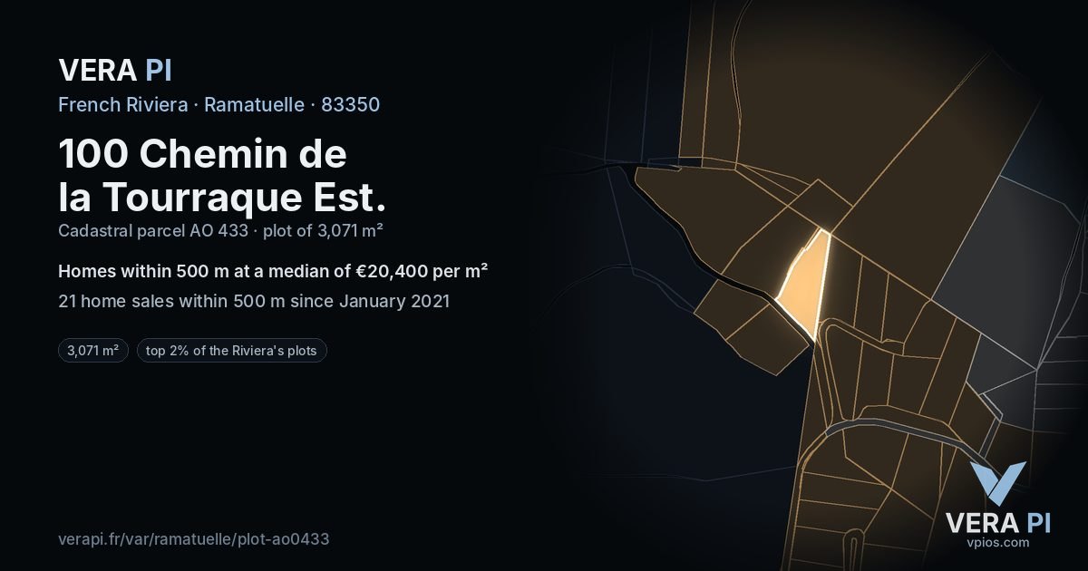 100 Chemin de la Tourraque Est, Ramatuelle at night – the plot lit, the parcels around coloured by the prices near them