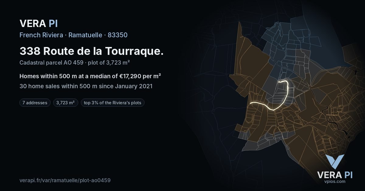 338 Route de la Tourraque, Ramatuelle at night – the plot lit, the parcels around coloured by the prices near them