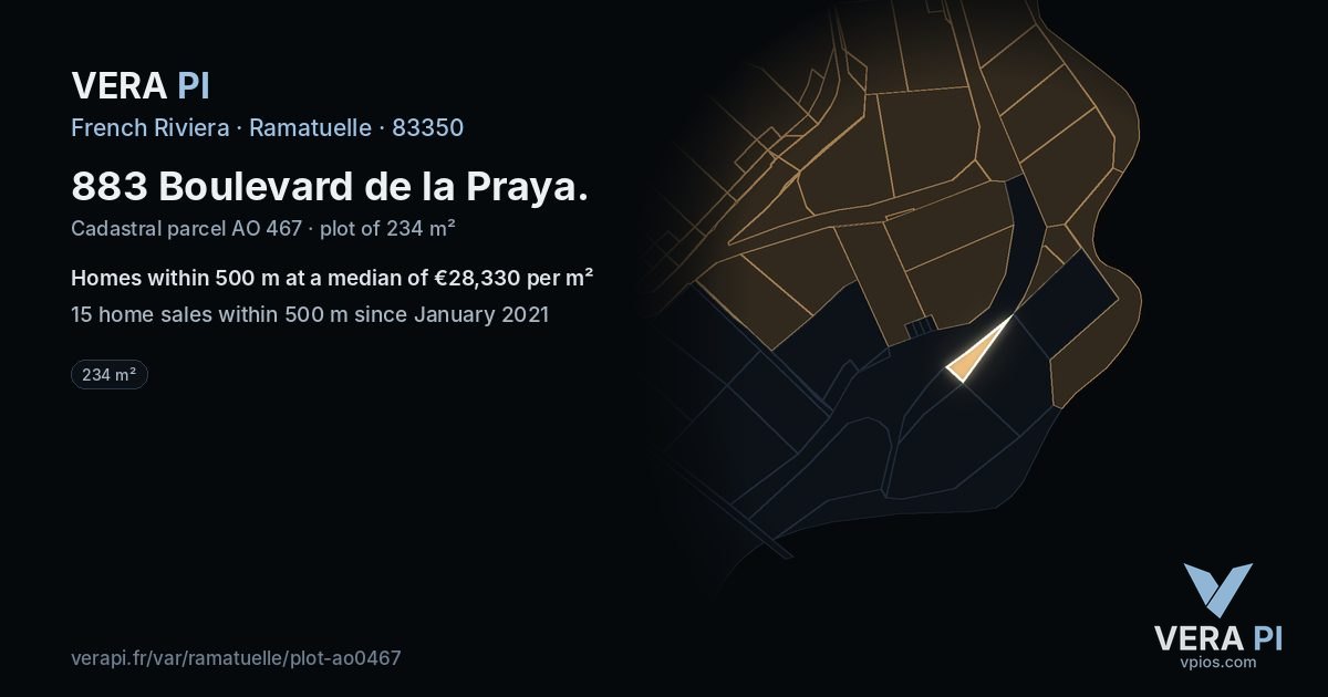 883 Boulevard de la Praya, Ramatuelle at night – the plot lit, the parcels around coloured by the prices near them