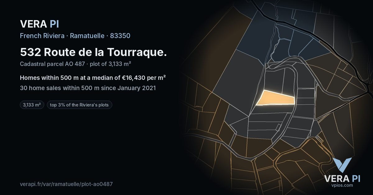 532 Route de la Tourraque, Ramatuelle at night – the plot lit, the parcels around coloured by the prices near them