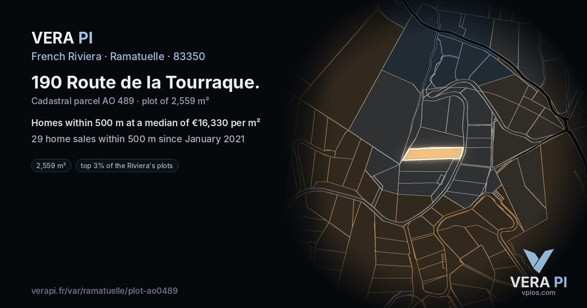190 Route de la Tourraque, Ramatuelle at night – the plot lit, the parcels around coloured by the prices near them