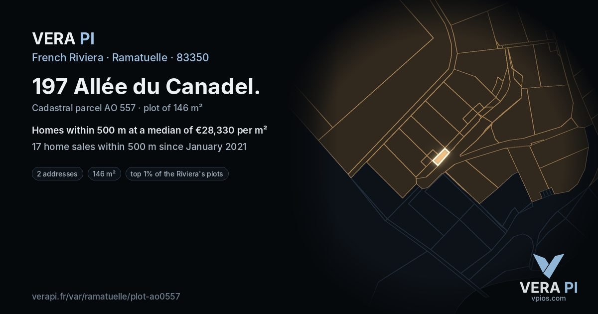 197 Allée du Canadel, Ramatuelle at night – the plot lit, the parcels around coloured by the prices near them