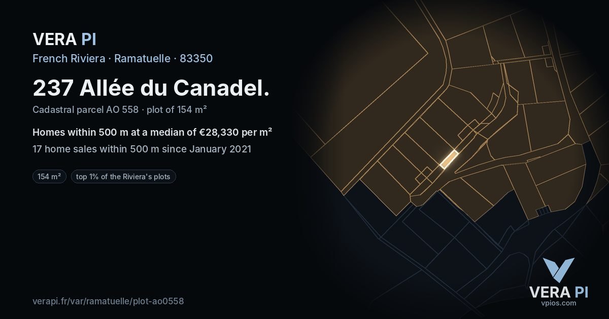 237 Allée du Canadel, Ramatuelle at night – the plot lit, the parcels around coloured by the prices near them