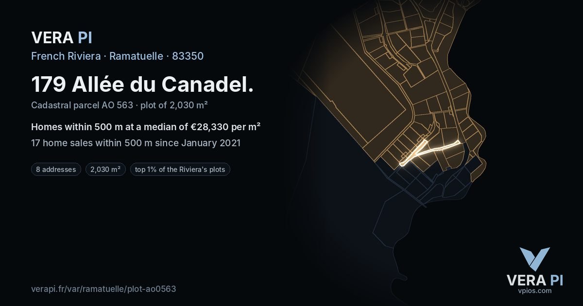 179 Allée du Canadel, Ramatuelle at night – the plot lit, the parcels around coloured by the prices near them