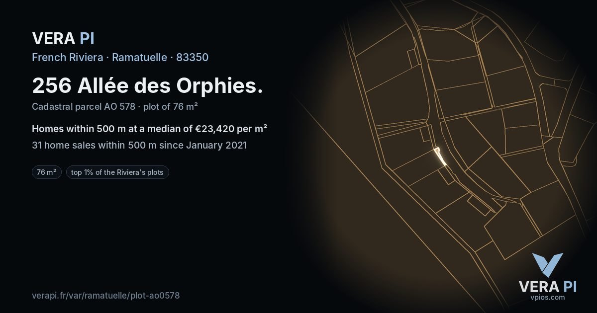 256 Allée des Orphies, Ramatuelle at night – the plot lit, the parcels around coloured by the prices near them