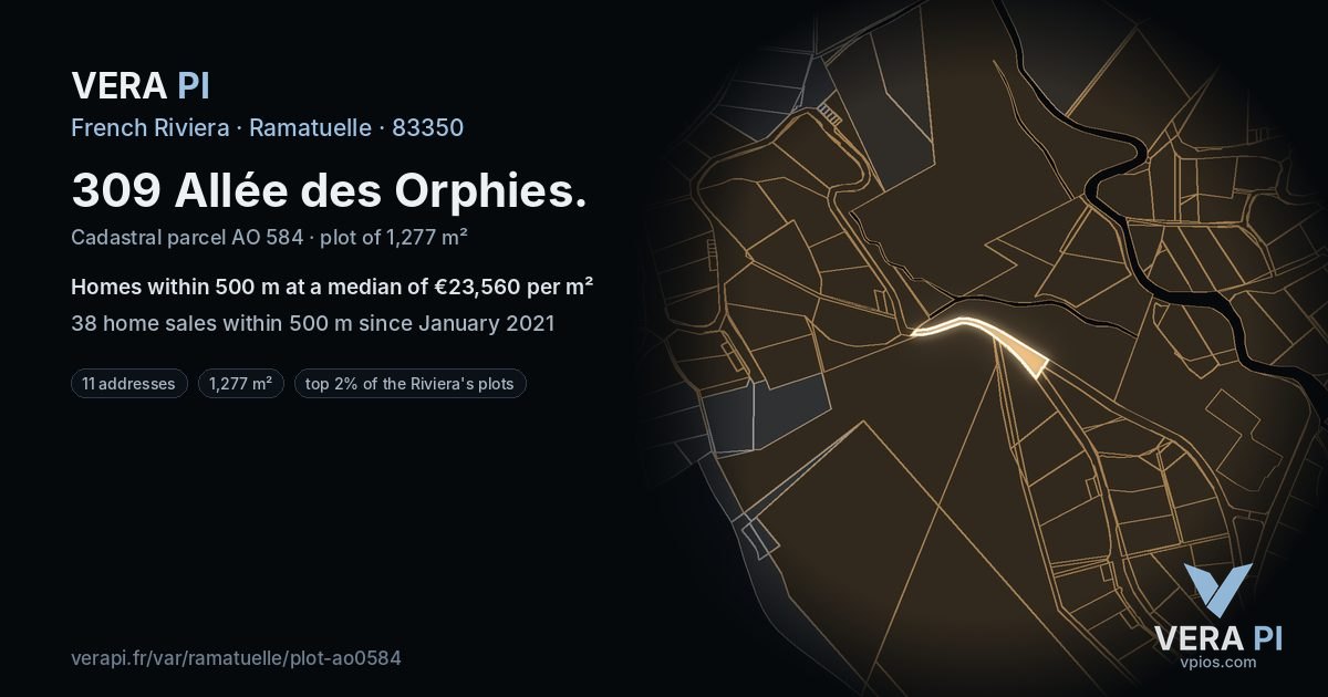 309 Allée des Orphies, Ramatuelle at night – the plot lit, the parcels around coloured by the prices near them