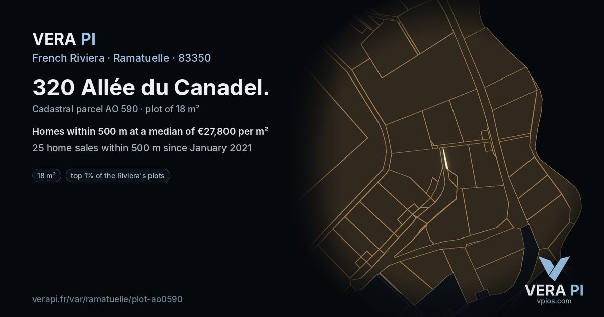 320 Allée du Canadel, Ramatuelle at night – the plot lit, the parcels around coloured by the prices near them
