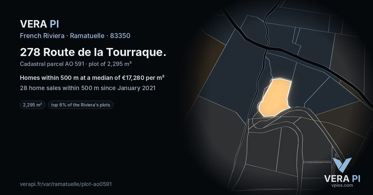 278 Route de la Tourraque, Ramatuelle at night – the plot lit, the parcels around coloured by the prices near them