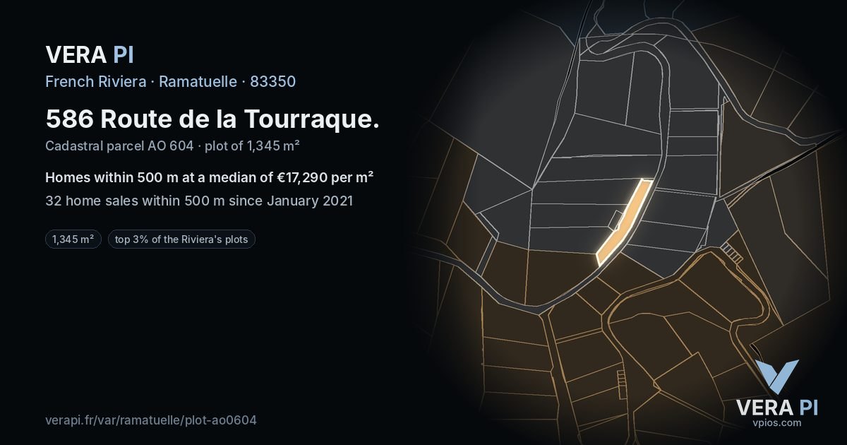 586 Route de la Tourraque, Ramatuelle at night – the plot lit, the parcels around coloured by the prices near them