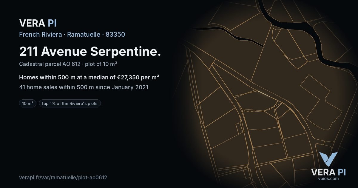 211 Avenue Serpentine, Ramatuelle at night – the plot lit, the parcels around coloured by the prices near them