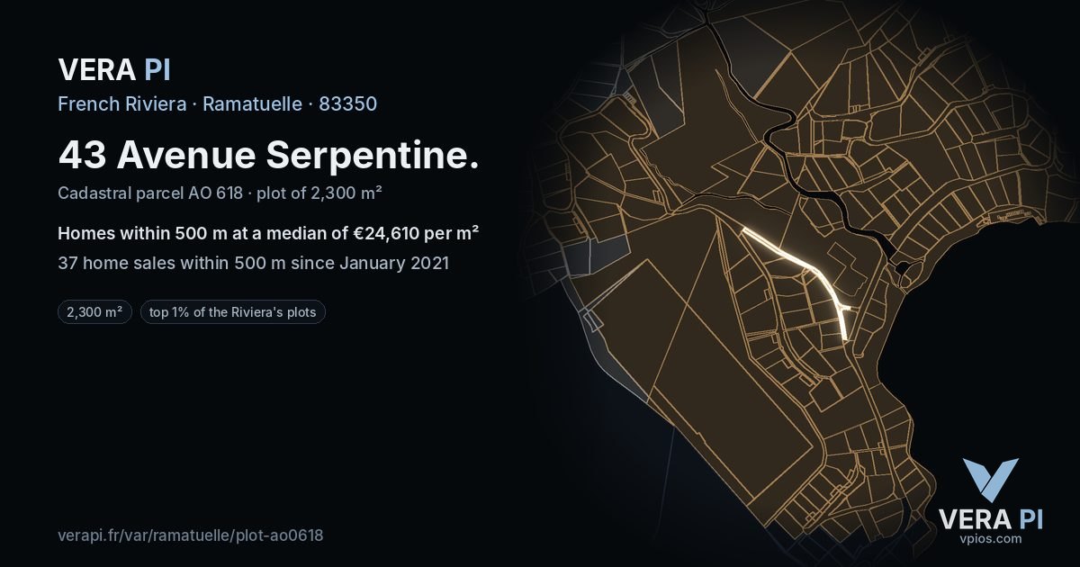43 Avenue Serpentine, Ramatuelle at night – the plot lit, the parcels around coloured by the prices near them