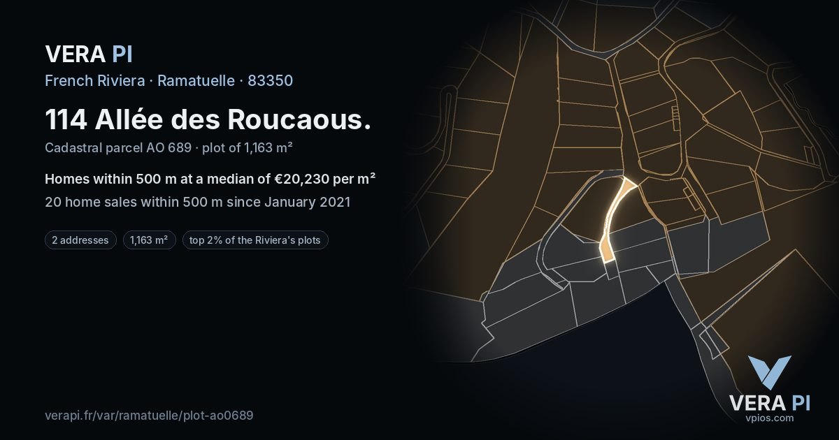 114 Allée des Roucaous, Ramatuelle at night – the plot lit, the parcels around coloured by the prices near them