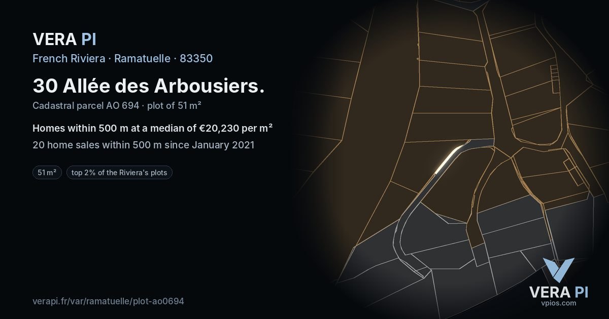 30 Allée des Arbousiers, Ramatuelle at night – the plot lit, the parcels around coloured by the prices near them