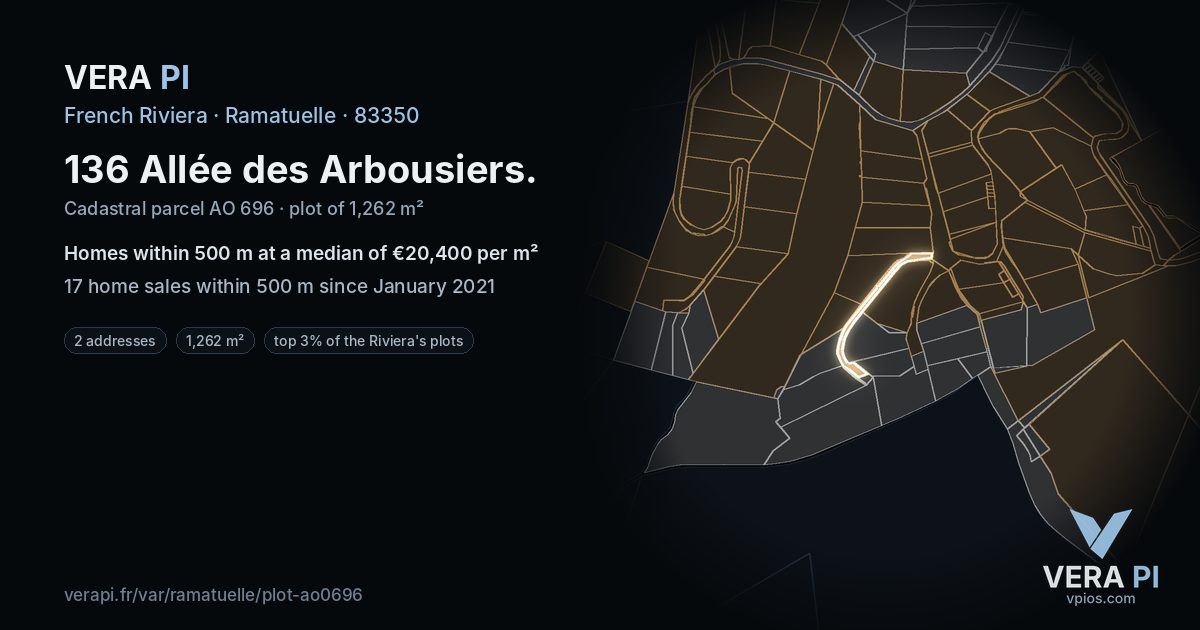 136 Allée des Arbousiers, Ramatuelle at night – the plot lit, the parcels around coloured by the prices near them