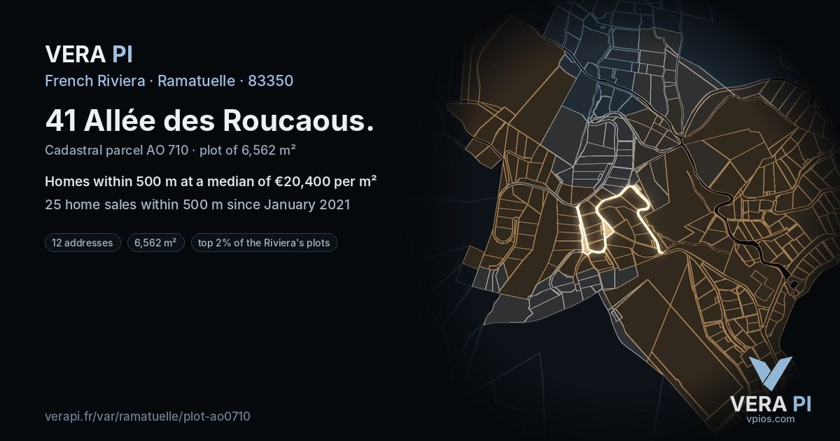 41 Allée des Roucaous, Ramatuelle at night – the plot lit, the parcels around coloured by the prices near them