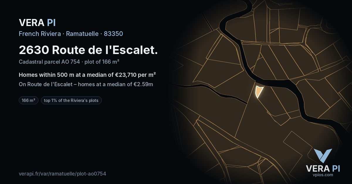 2630 Route de l'Escalet, Ramatuelle at night – the plot lit, the parcels around coloured by the prices near them