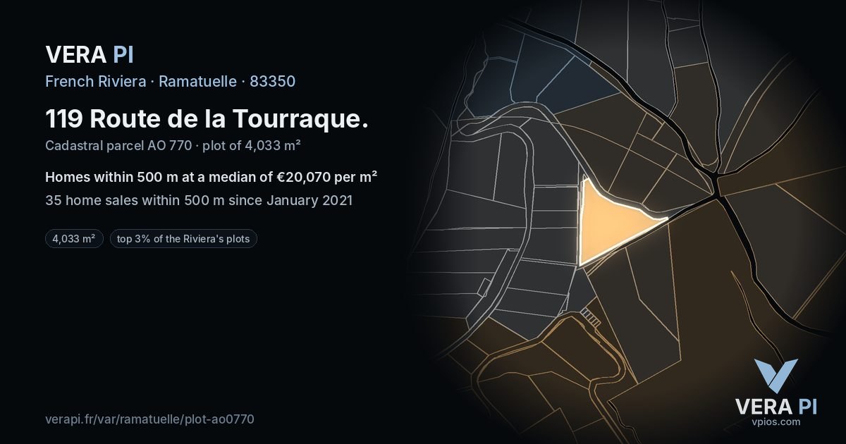 119 Route de la Tourraque, Ramatuelle at night – the plot lit, the parcels around coloured by the prices near them