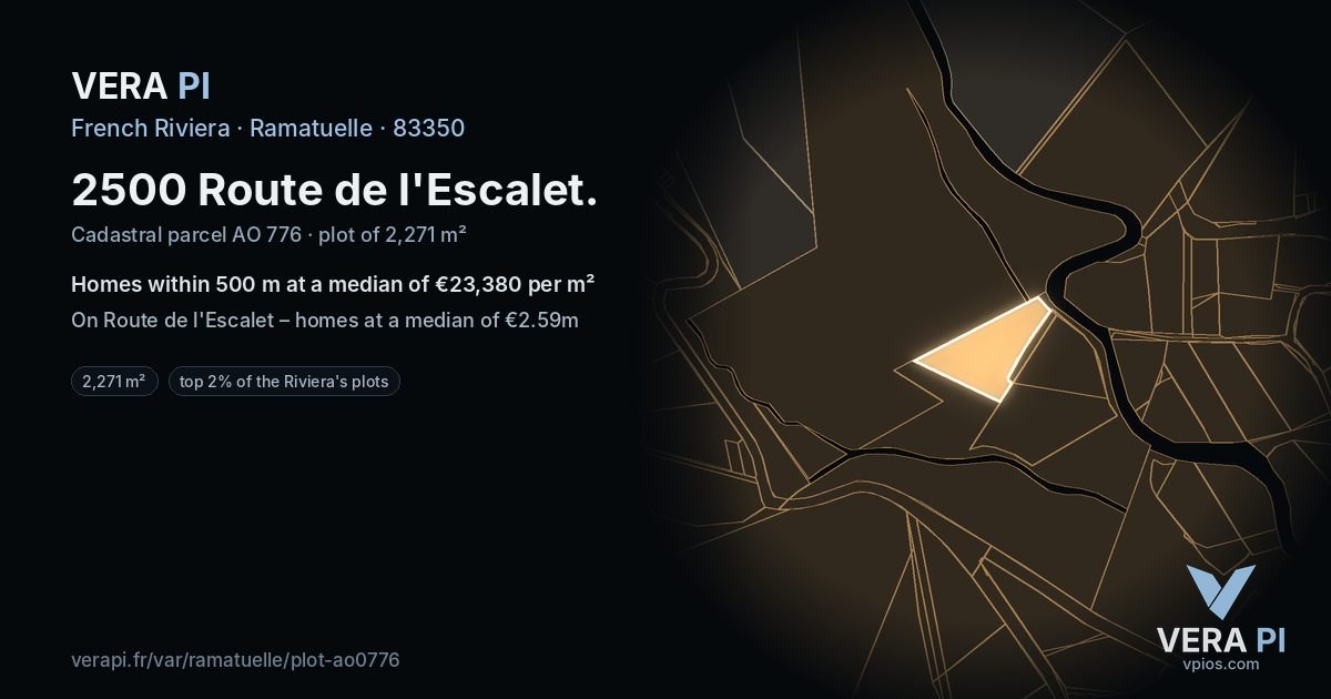 2500 Route de l'Escalet, Ramatuelle at night – the plot lit, the parcels around coloured by the prices near them