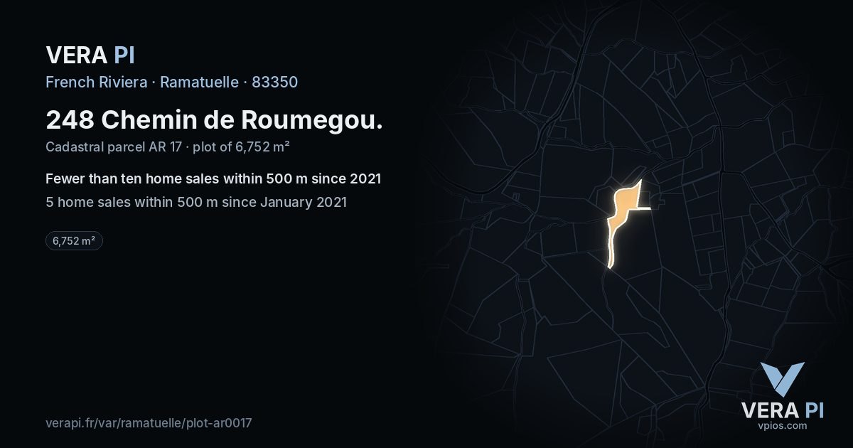 248 Chemin de Roumegou, Ramatuelle at night – the plot lit, the parcels around coloured by the prices near them