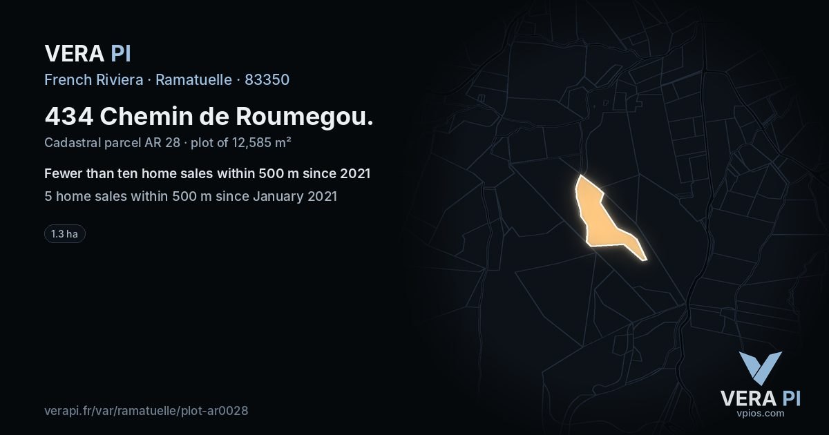 434 Chemin de Roumegou, Ramatuelle at night – the plot lit, the parcels around coloured by the prices near them