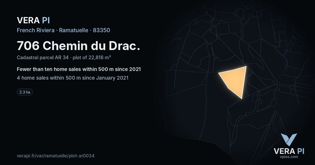 706 Chemin du Drac, Ramatuelle at night – the plot lit, the parcels around coloured by the prices near them