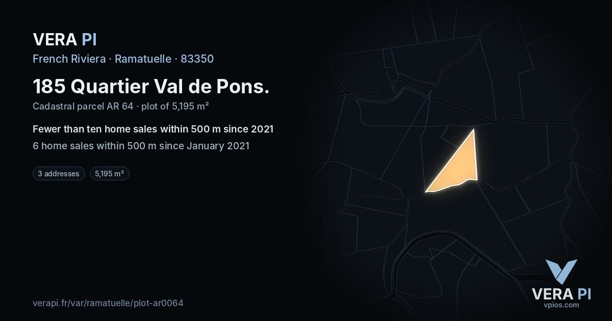 185 Quartier Val de Pons, Ramatuelle at night – the plot lit, the parcels around coloured by the prices near them