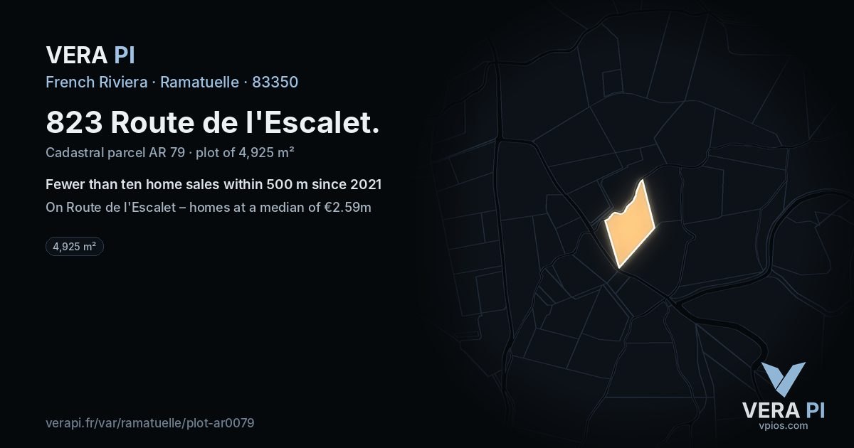 823 Route de l'Escalet, Ramatuelle at night – the plot lit, the parcels around coloured by the prices near them