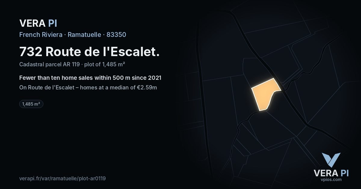 732 Route de l'Escalet, Ramatuelle at night – the plot lit, the parcels around coloured by the prices near them