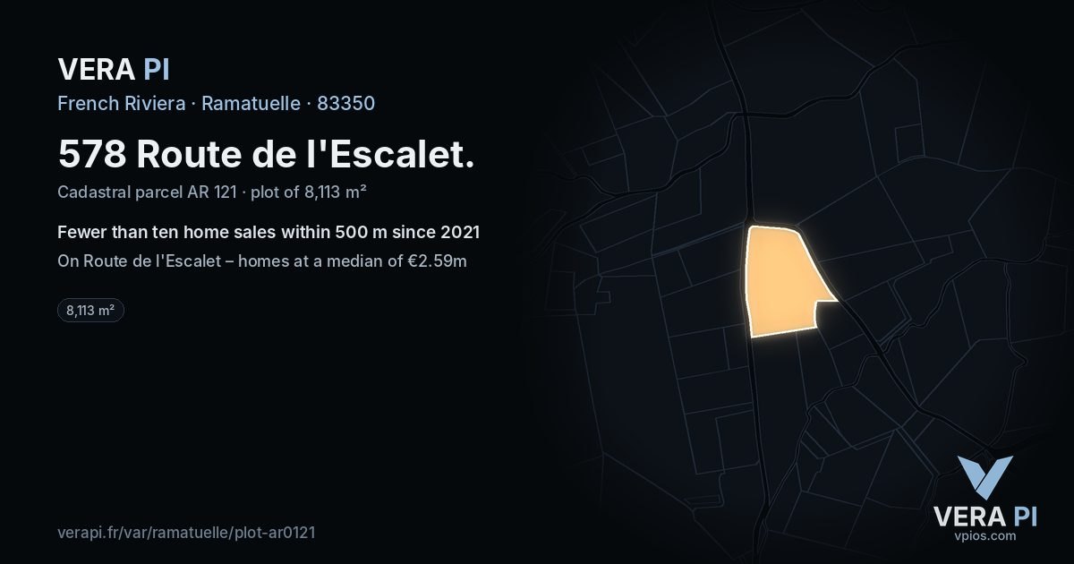 578 Route de l'Escalet, Ramatuelle at night – the plot lit, the parcels around coloured by the prices near them