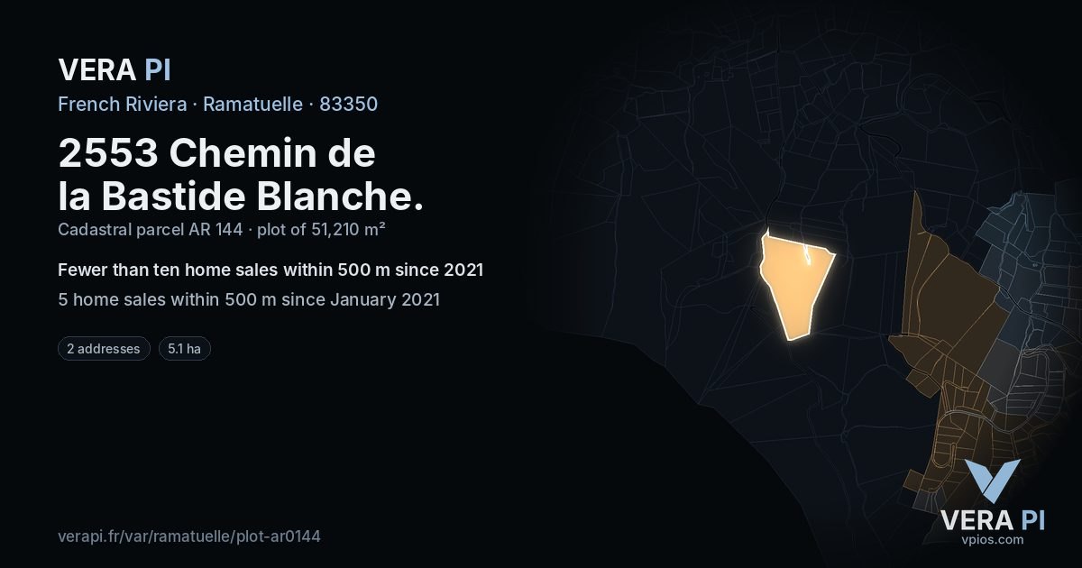 2553 Chemin de la Bastide Blanche, Ramatuelle at night – the plot lit, the parcels around coloured by the prices near them