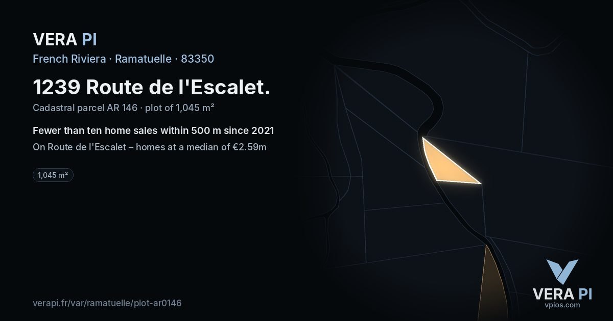 1239 Route de l'Escalet, Ramatuelle at night – the plot lit, the parcels around coloured by the prices near them