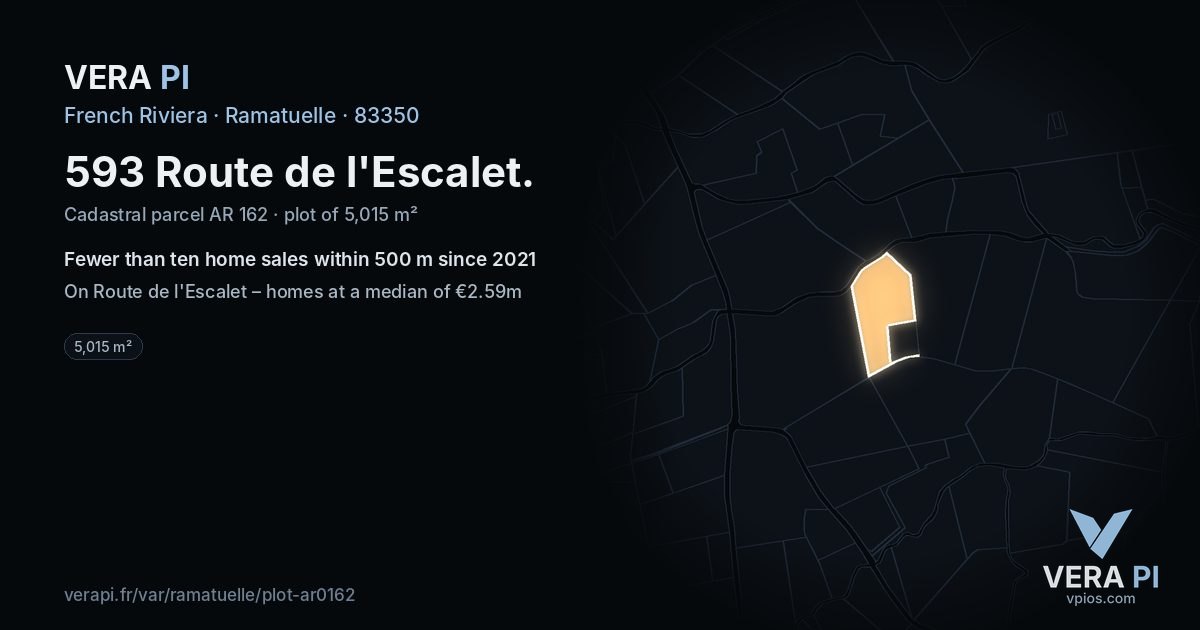 593 Route de l'Escalet, Ramatuelle at night – the plot lit, the parcels around coloured by the prices near them